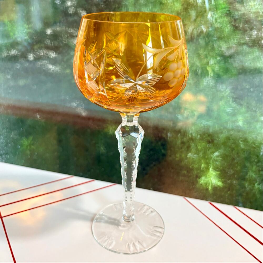 Vintage Nachtmann or Lausitzer Yellow Amber Crystal Wine Hock Glass 8”